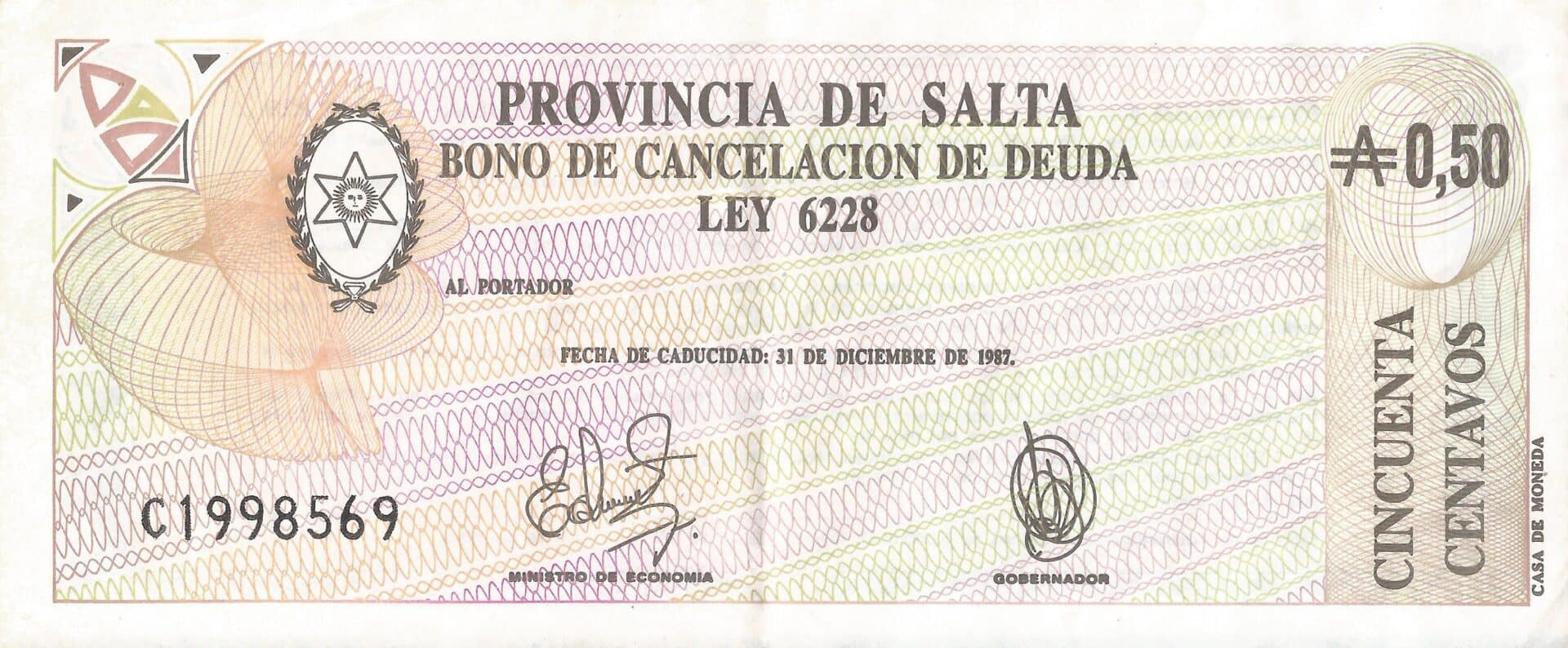 Bonos Provinciales 106 Col 50 Anverso