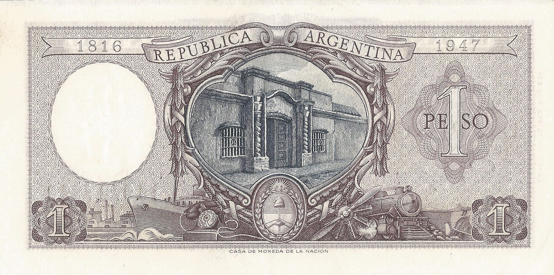10-Banco Central San Martin - Libertad y Justicia (1942-1969) y Resellados a Pesos Ley (1969-1971) 16 Col 442c Reverso scaled