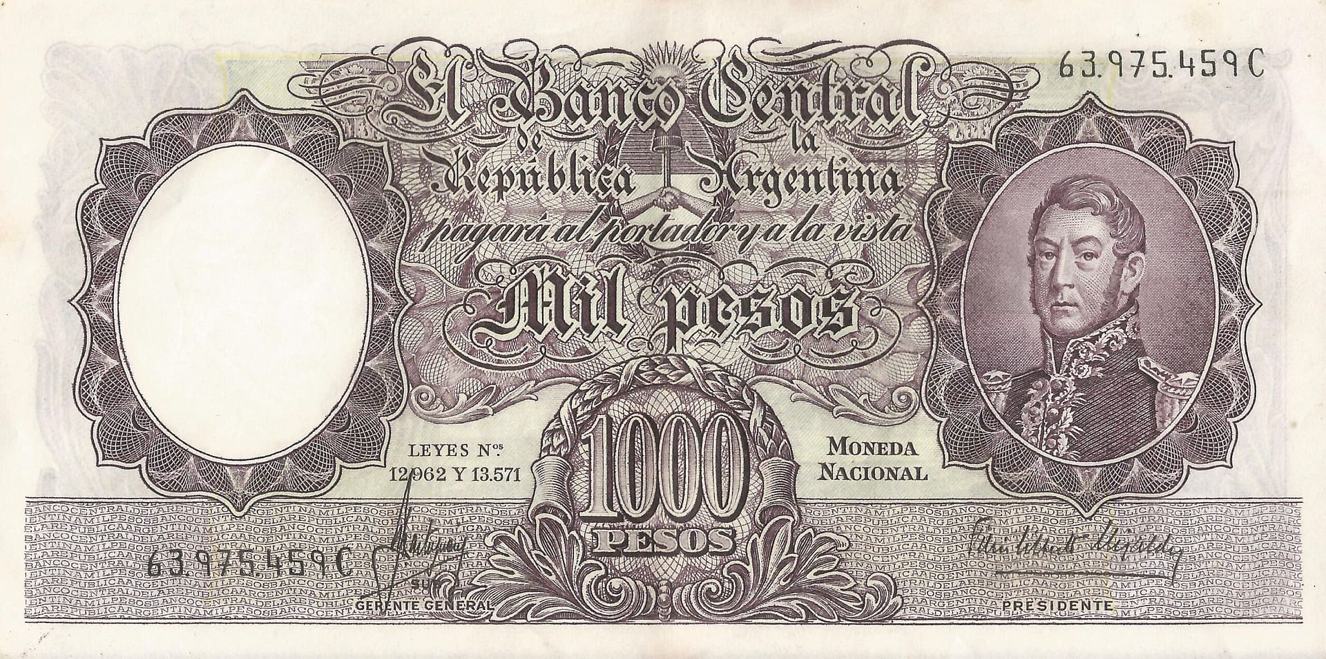 10-Banco Central San Martin - Libertad y Justicia (1942-1969) y Resellados a Pesos Ley (1969-1971) 142 Col 536a Anverso scaled