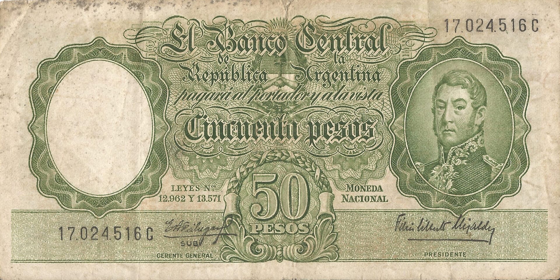 10-Banco Central San Martin - Libertad y Justicia (1942-1969) y Resellados a Pesos Ley (1969-1971) 62 Col 481b Anverso scaled