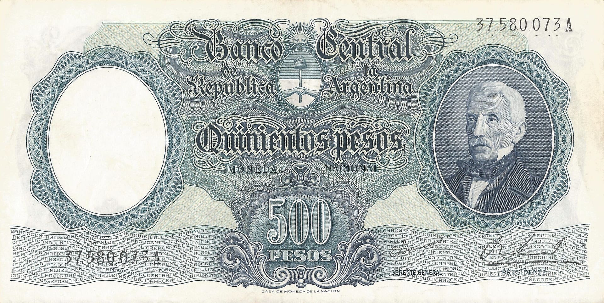 10-Banco Central San Martin - Libertad y Justicia (1942-1969) y Resellados a Pesos Ley (1969-1971) 121 Col 522a Anverso scaled