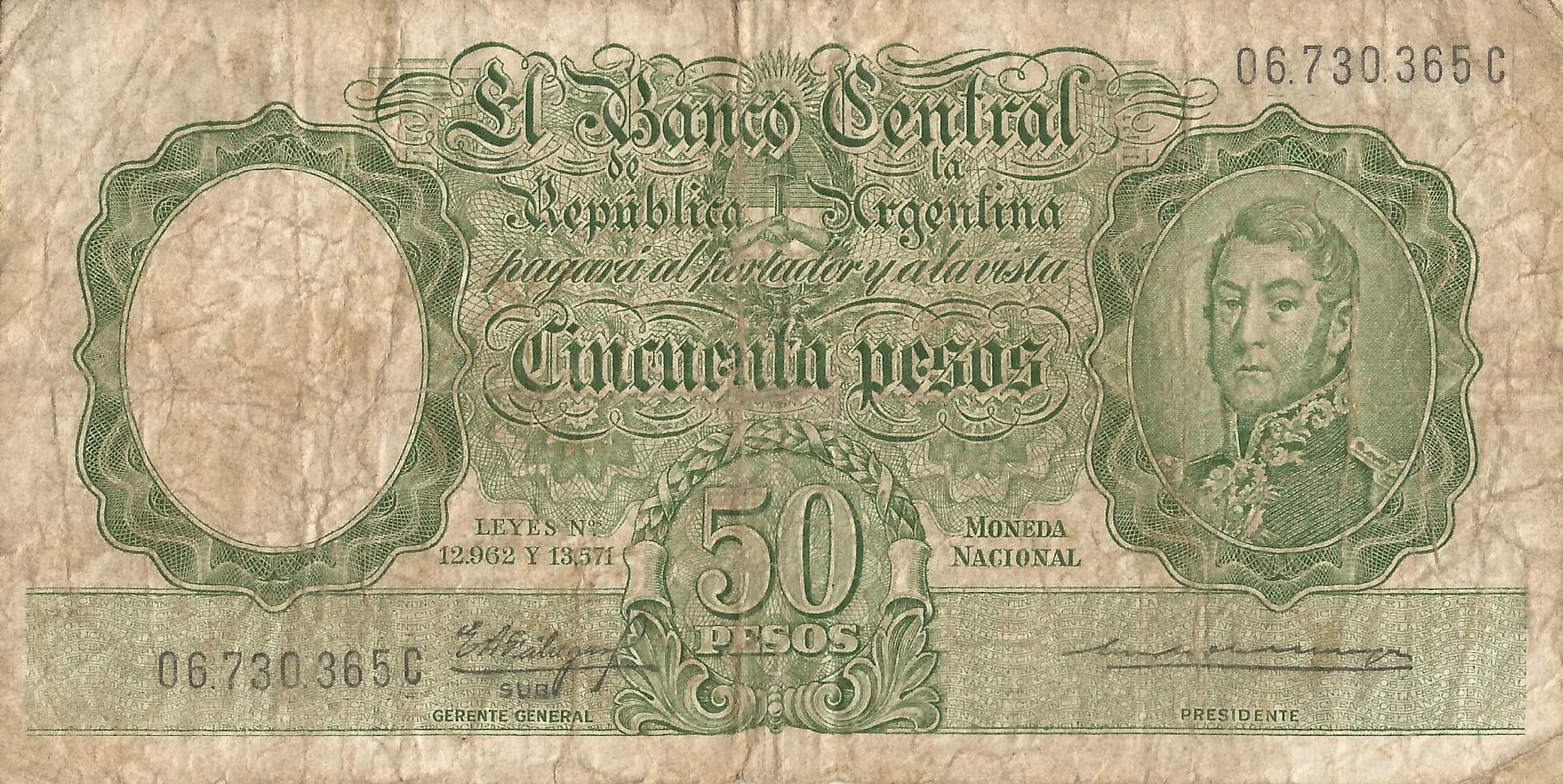 10-Banco Central San Martin - Libertad y Justicia (1942-1969) y Resellados a Pesos Ley (1969-1971) 60 Col 480c Anverso scaled