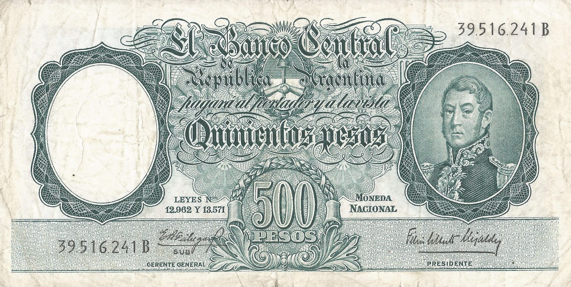 10-Banco Central San Martin - Libertad y Justicia (1942-1969) y Resellados a Pesos Ley (1969-1971) 112 Col 518b Anverso scaled