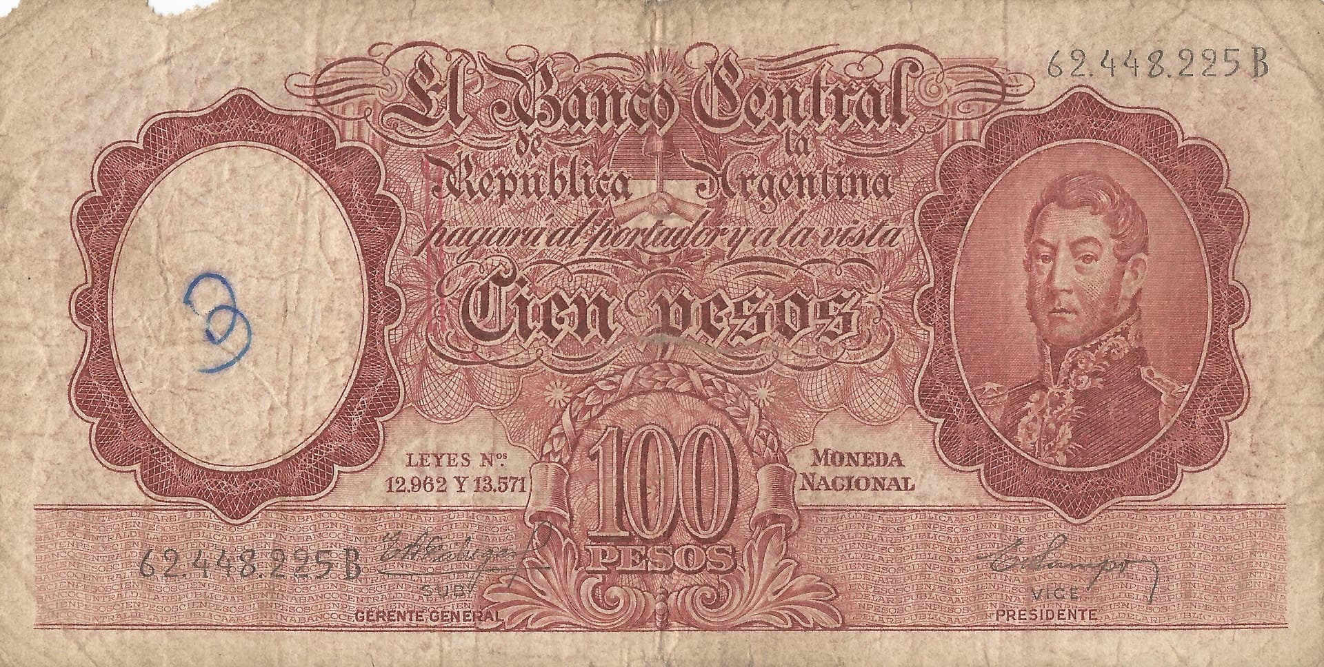 10-Banco Central San Martin - Libertad y Justicia (1942-1969) y Resellados a Pesos Ley (1969-1971) 81 Col 496b Anverso scaled