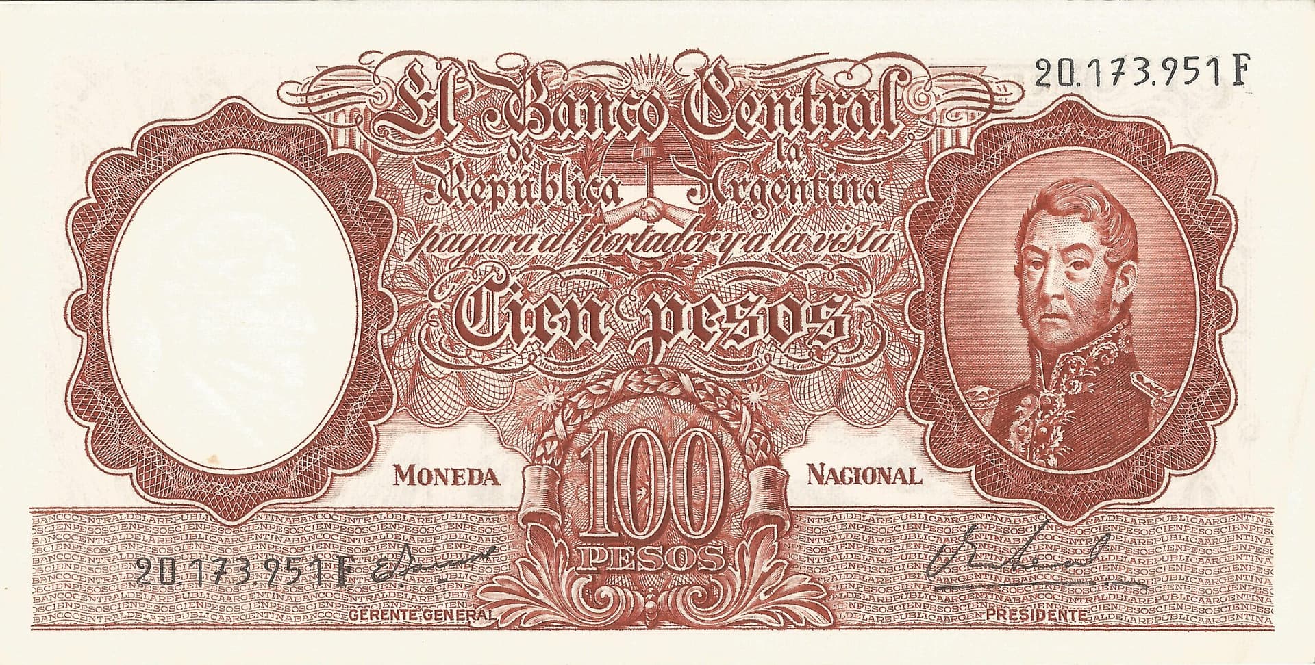 10-Banco Central San Martin - Libertad y Justicia (1942-1969) y Resellados a Pesos Ley (1969-1971) 102 Col 506b Anverso scaled